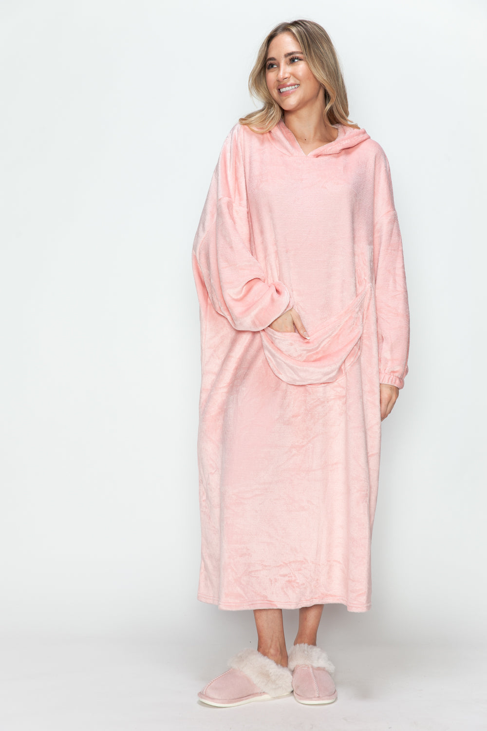Double Take Pocketed Hooded Midi Lounge Dress