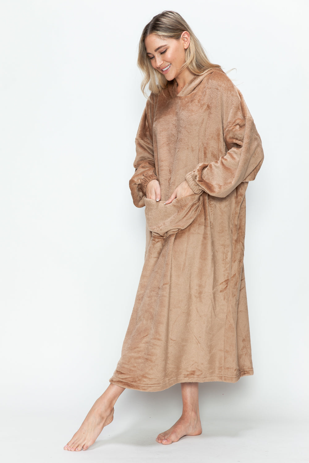 Double Take Pocketed Hooded Midi Lounge Dress