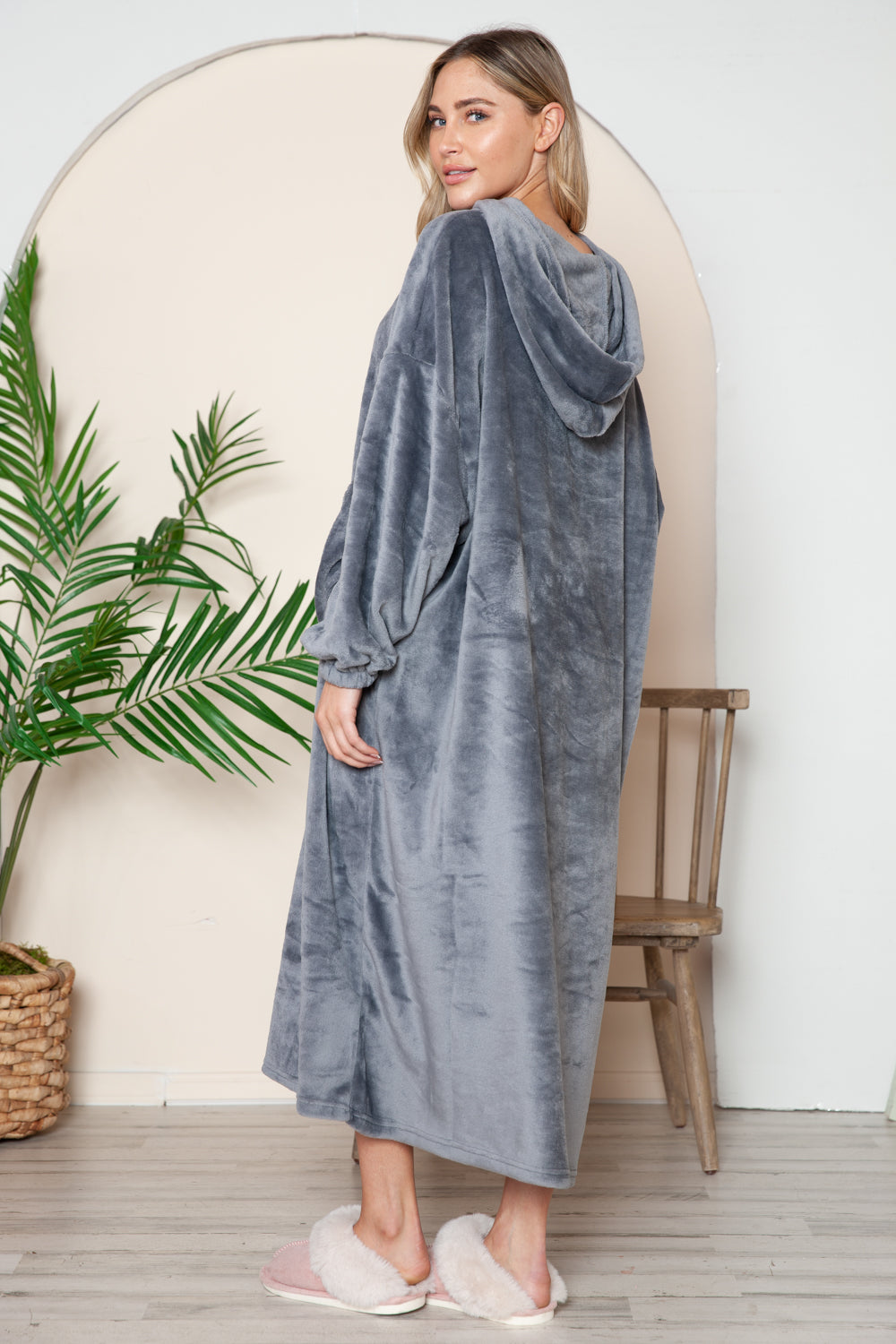 Double Take Pocketed Hooded Midi Lounge Dress