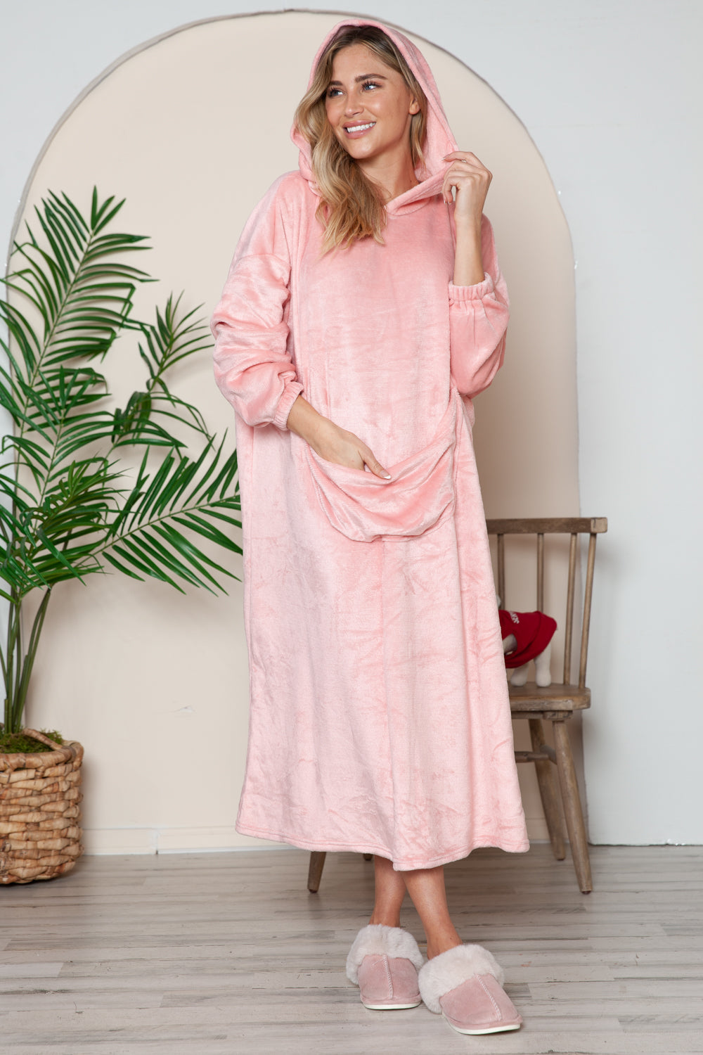 Double Take Pocketed Hooded Midi Lounge Dress