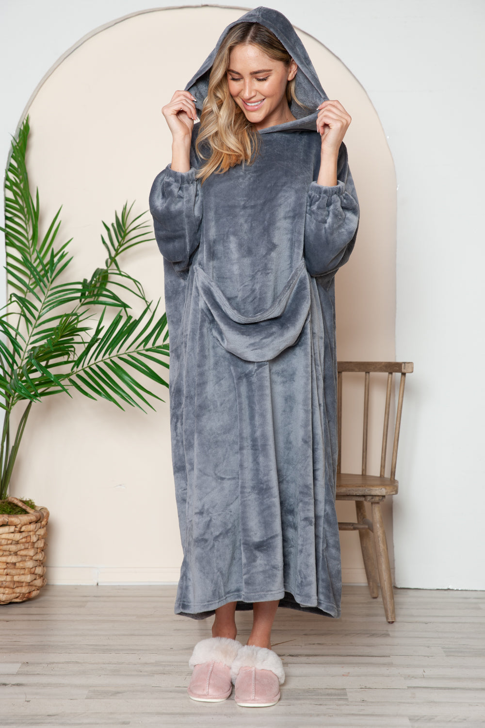 Double Take Pocketed Hooded Midi Lounge Dress
