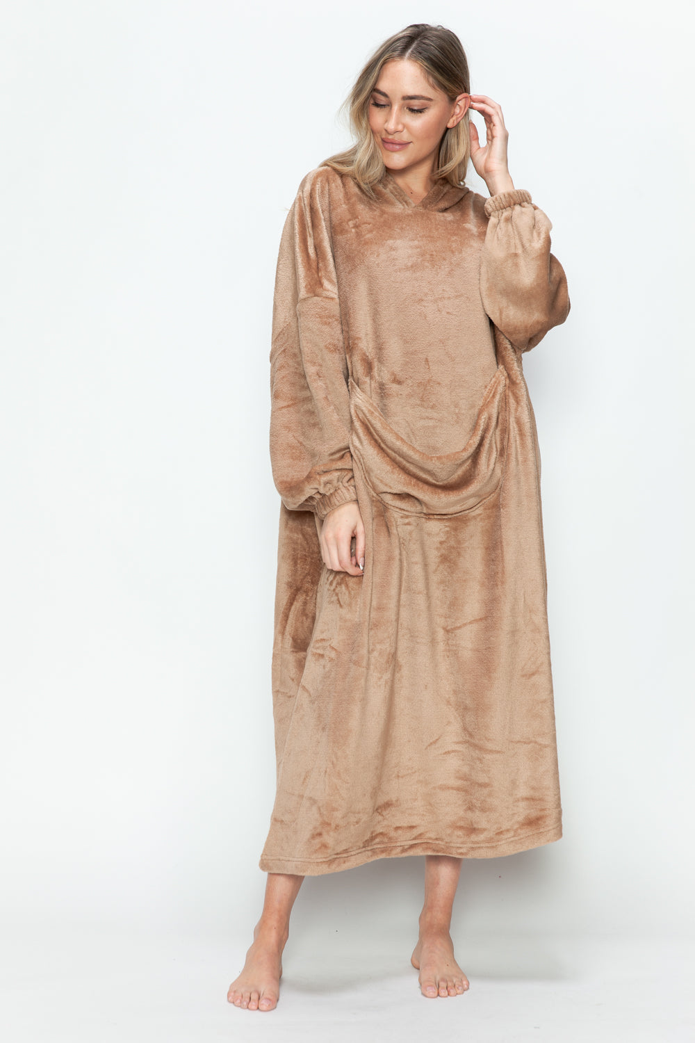 Double Take Pocketed Hooded Midi Lounge Dress