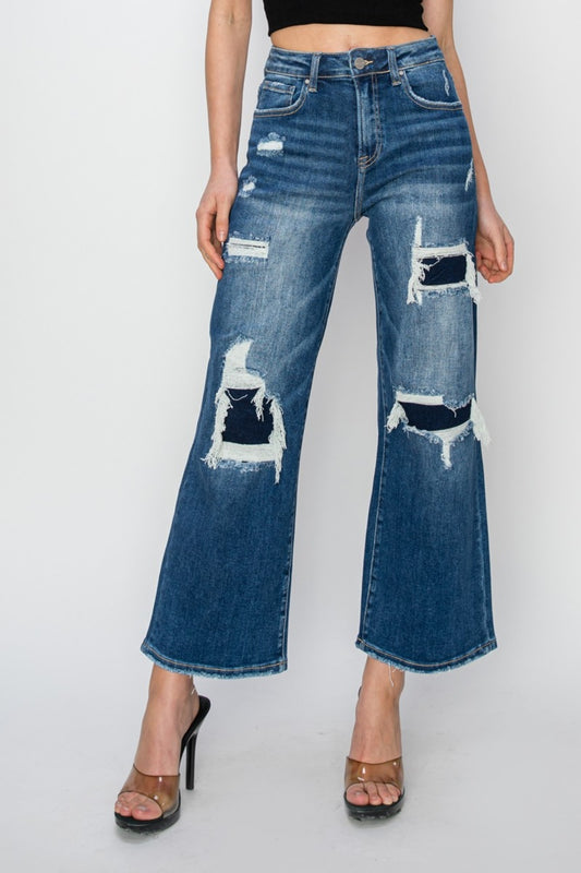 Risen Rise Patch Detailed Wide Leg Crop Jeans SZ 0-3XL