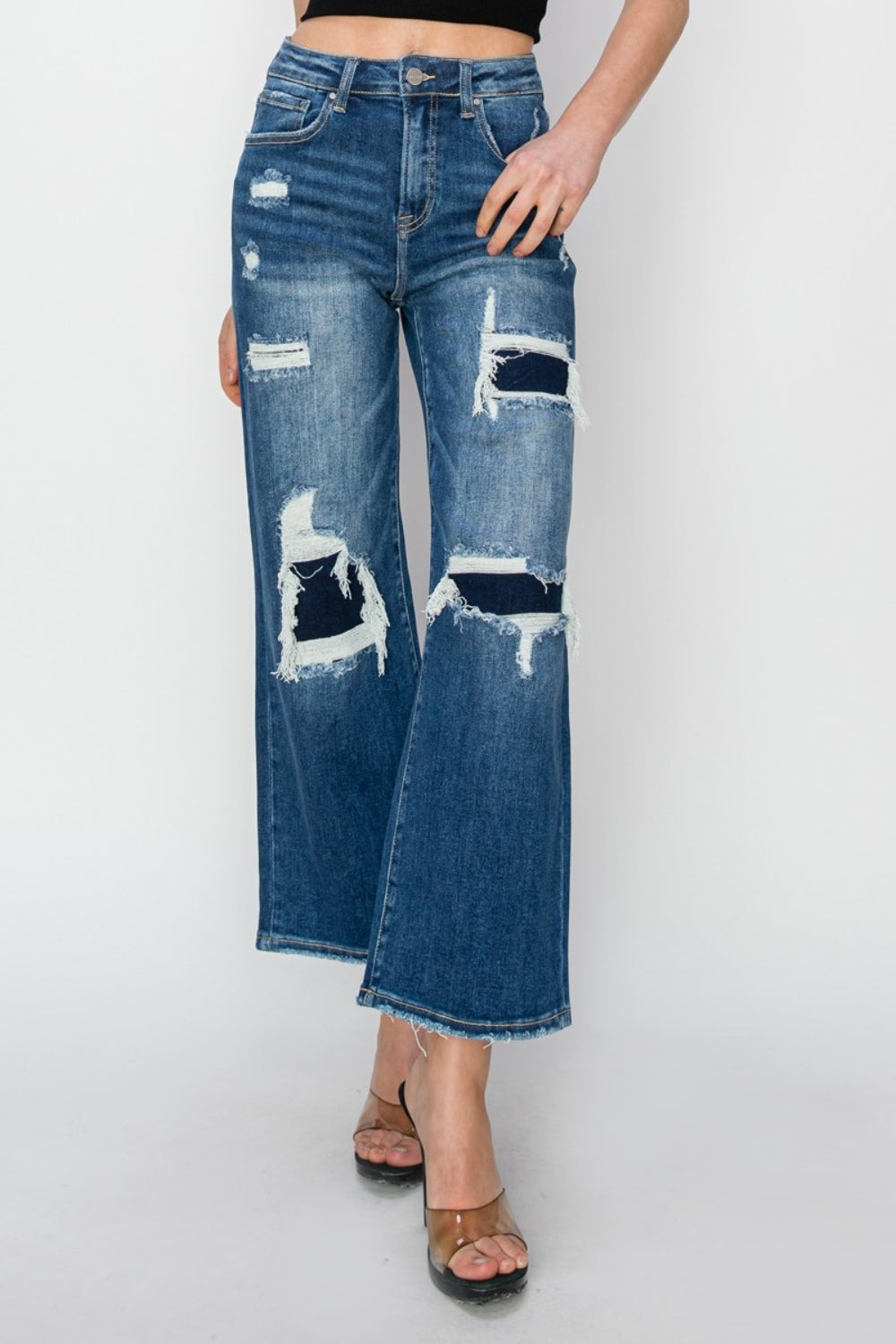 Risen Rise Patch Detailed Wide Leg Crop Jeans SZ 0-3XL
