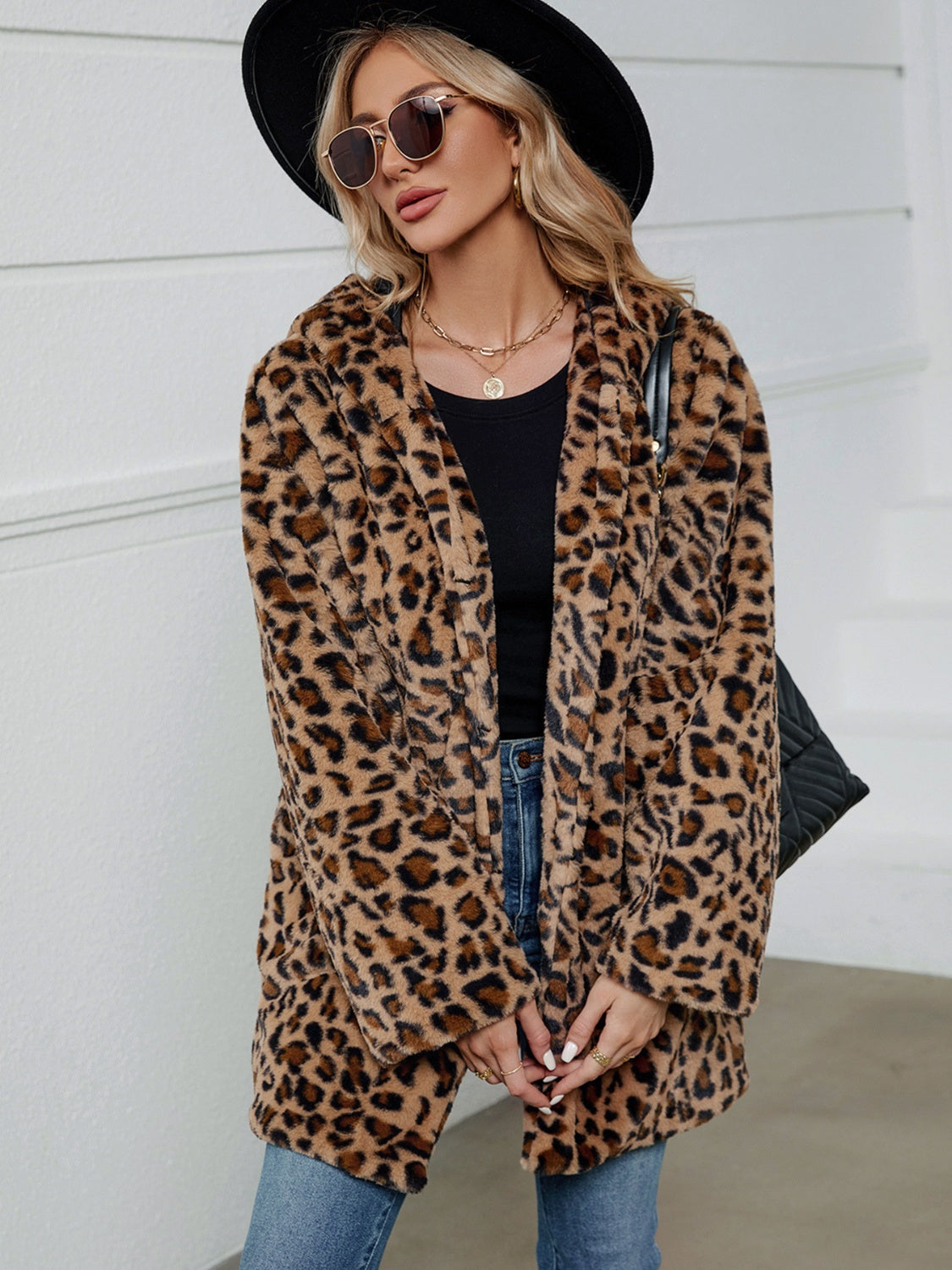 SALE Fuzzy Leopard Hooded Long Sleeve Jacket was 50.99