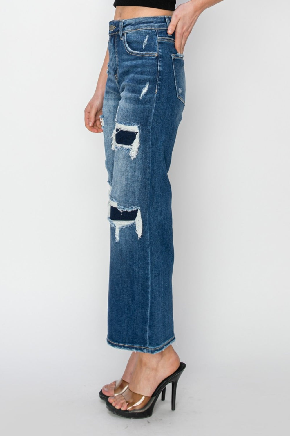 Risen Rise Patch Detailed Wide Leg Crop Jeans SZ 0-3XL