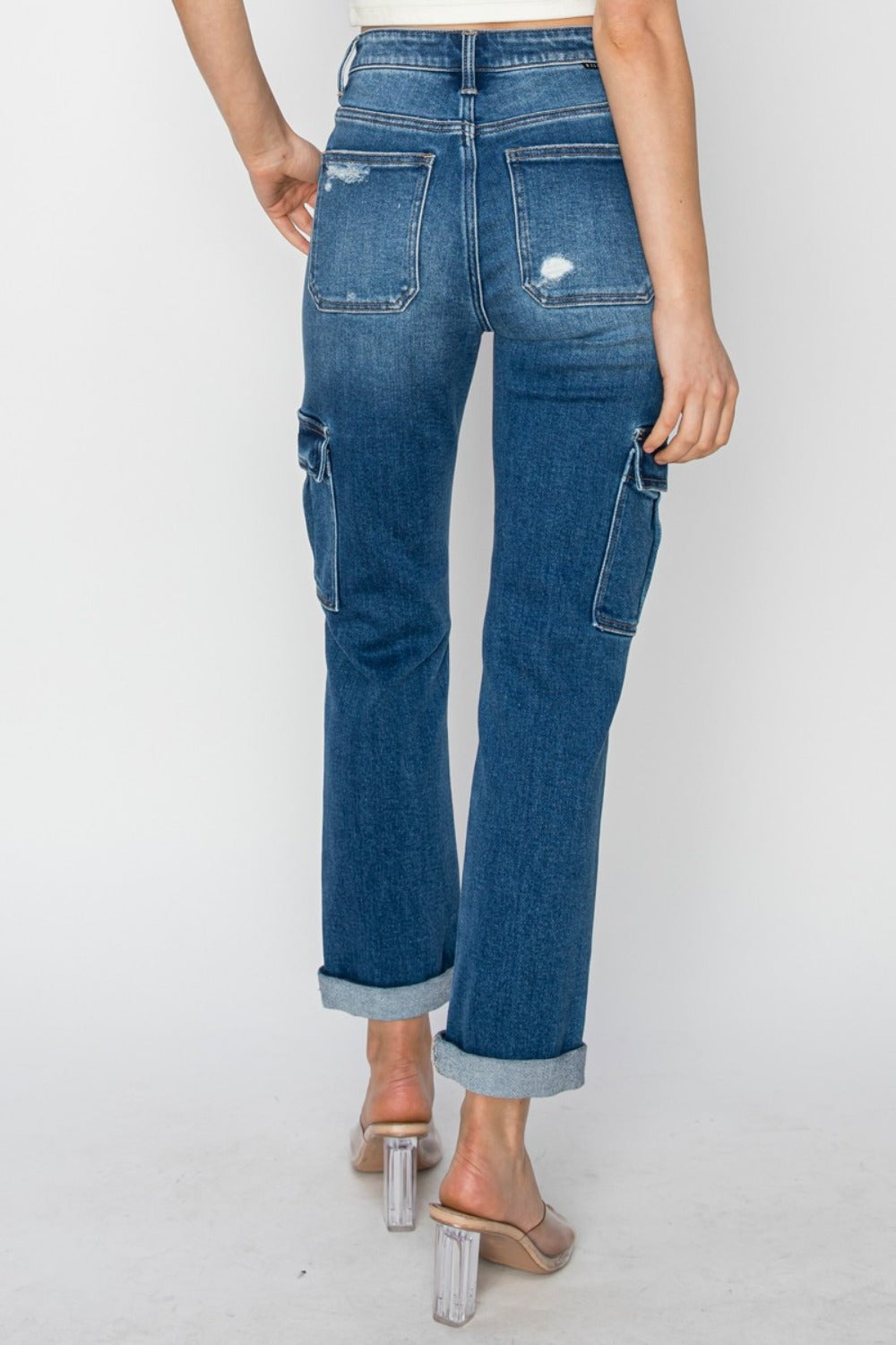 RISEN High Rise Cargo Ankle Roll Up Straight Jeans SZ 0-3XL