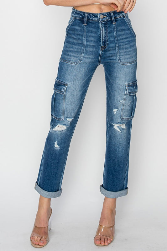 RISEN High Rise Cargo Ankle Roll Up Straight Jeans SZ 0-3XL