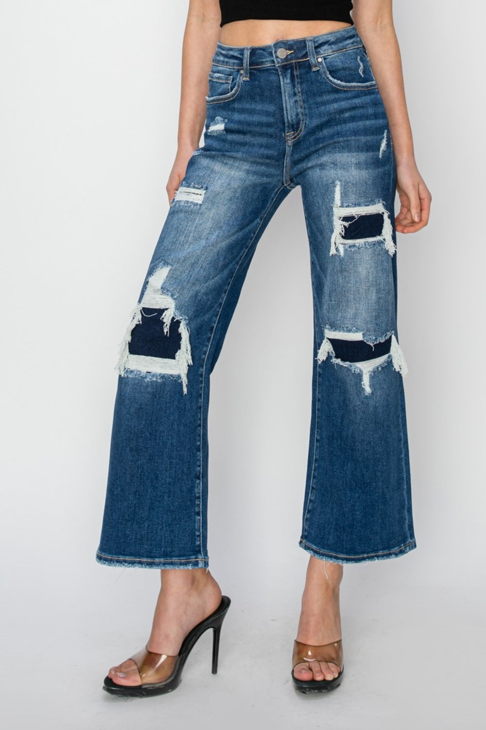Risen Rise Patch Detailed Wide Leg Crop Jeans SZ 0-3XL