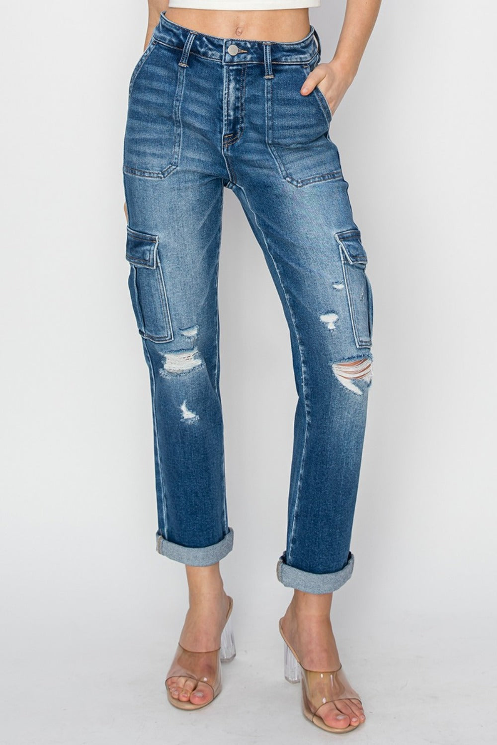 RISEN High Rise Cargo Ankle Roll Up Straight Jeans SZ 0-3XL