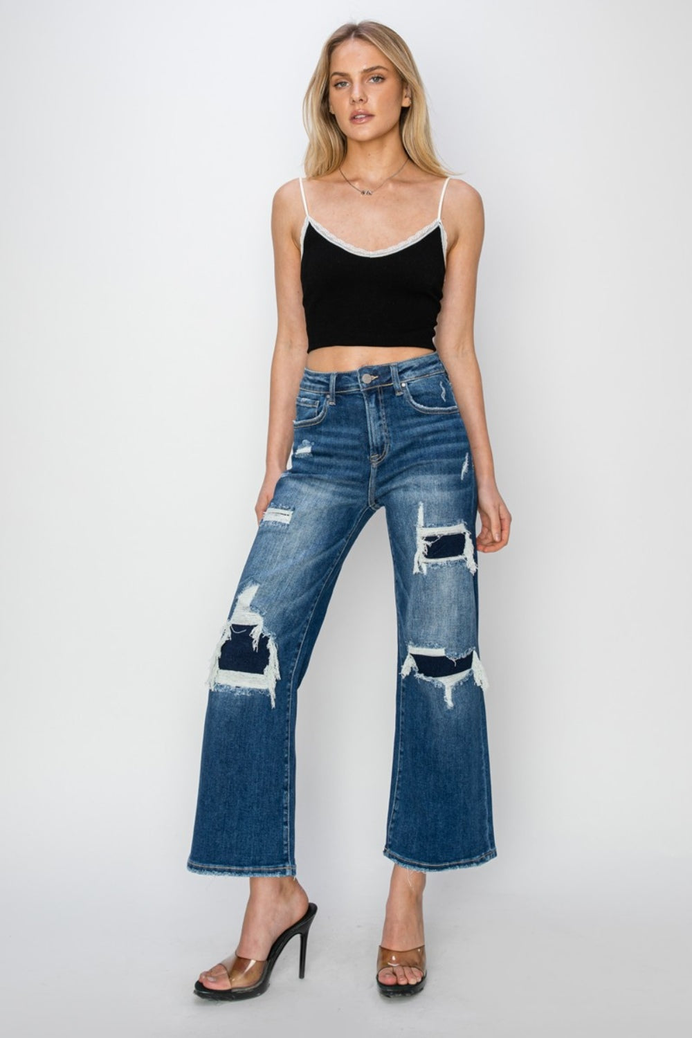 Risen Rise Patch Detailed Wide Leg Crop Jeans SZ 0-3XL