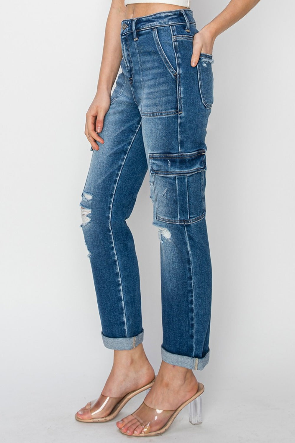RISEN High Rise Cargo Ankle Roll Up Straight Jeans SZ 0-3XL