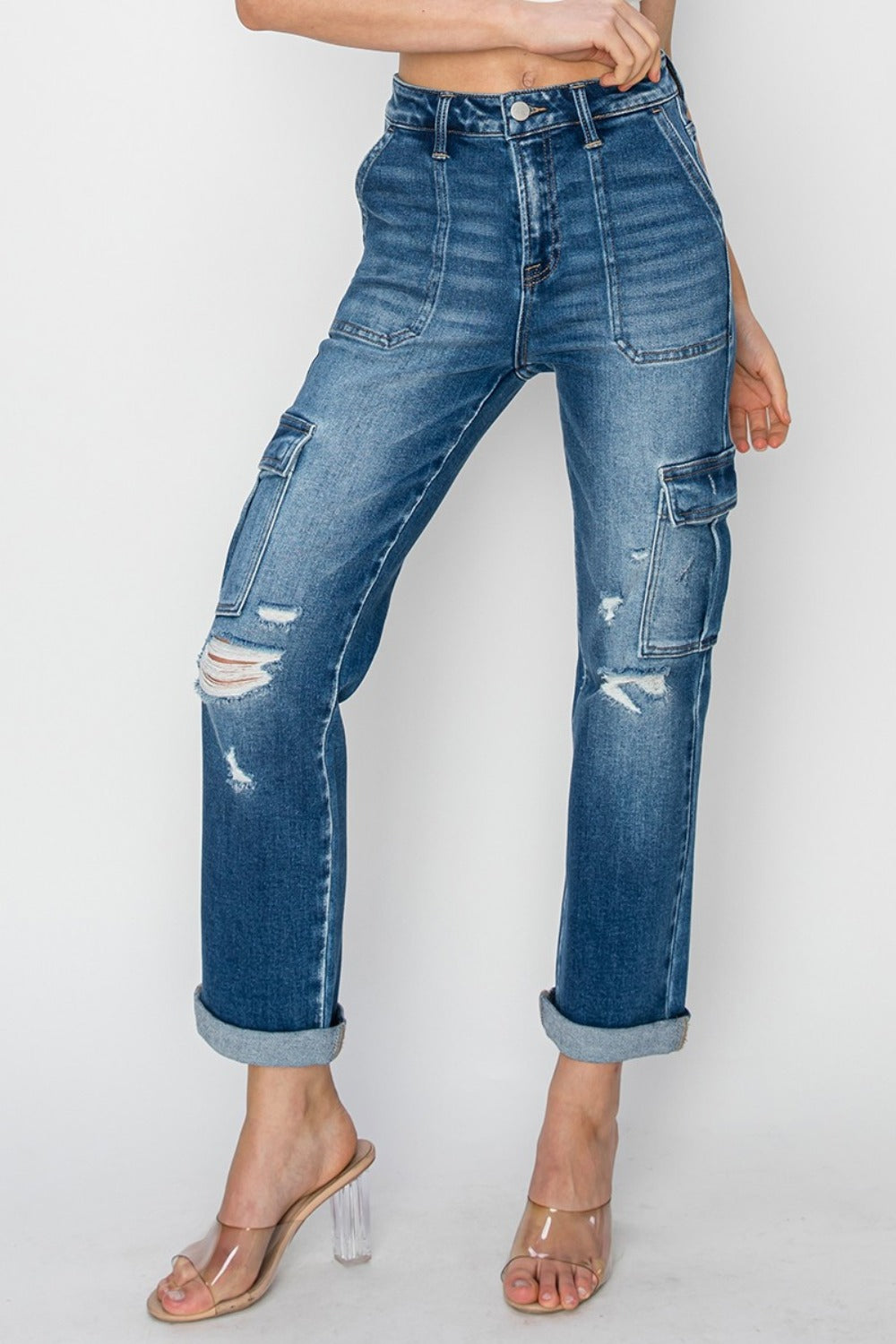 RISEN High Rise Cargo Ankle Roll Up Straight Jeans SZ 0-3XL